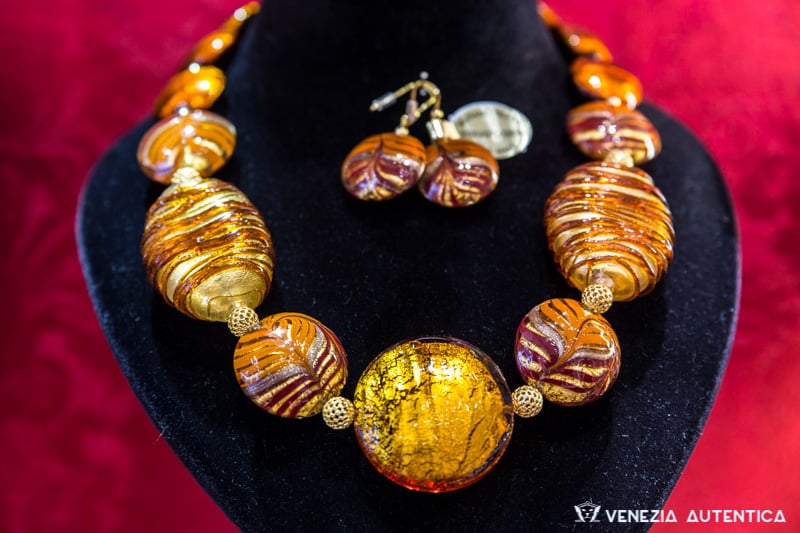 Gold Leaf Murano Glass Beads Necklace made in Venice by Rialto 79