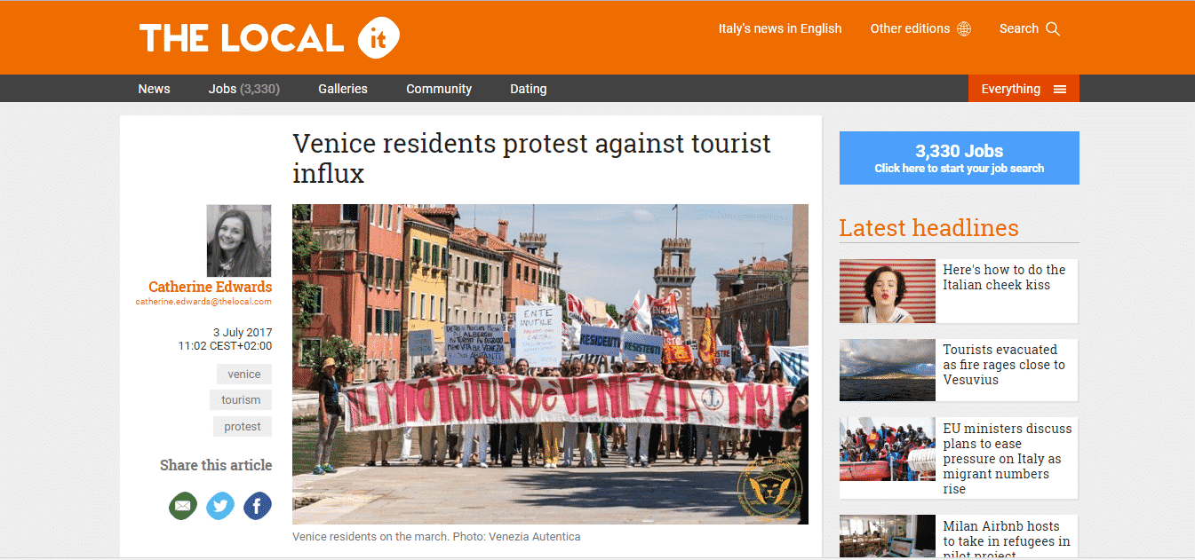 Venezia Autentica collaborates with The Local on an article about a major local protest - Venezia Autentica | Discover and Support the Authentic Venice -