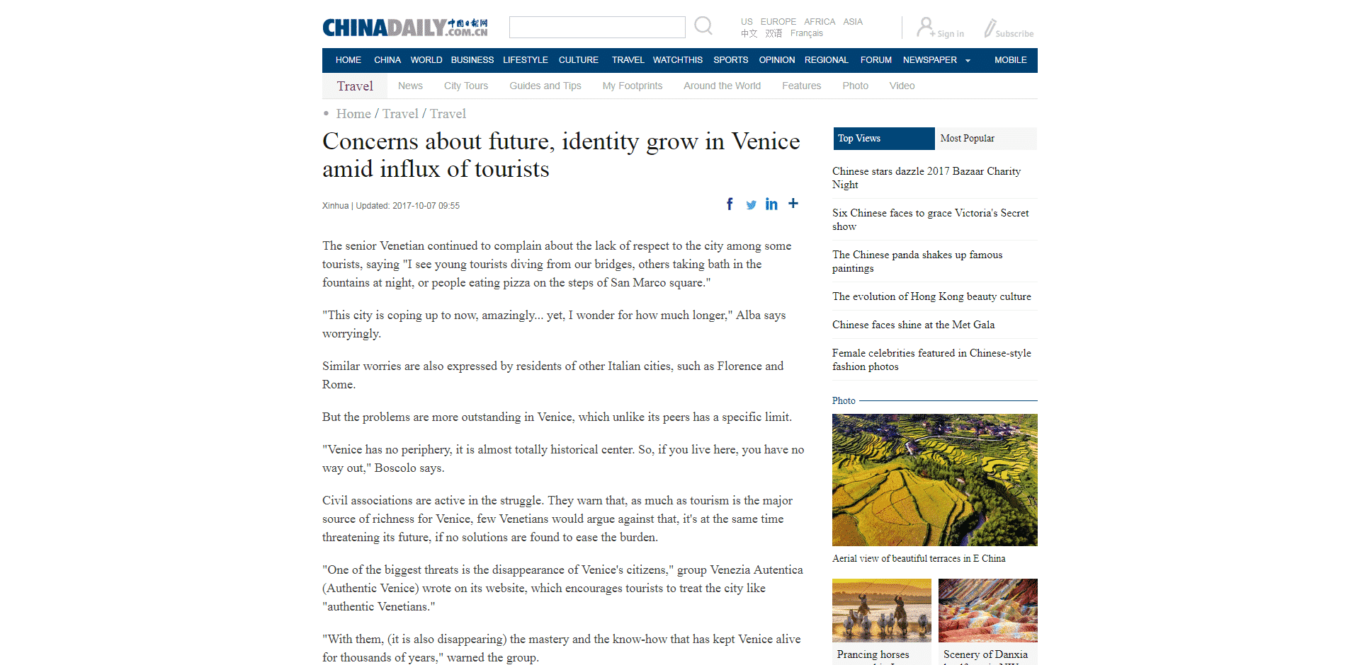 China Daily, the most read english-language newspaper in China, quotes Venezia Autentica regarding the effects of mass tourism in Venice - Venezia Autentica | Discover and Support the Authentic Venice -