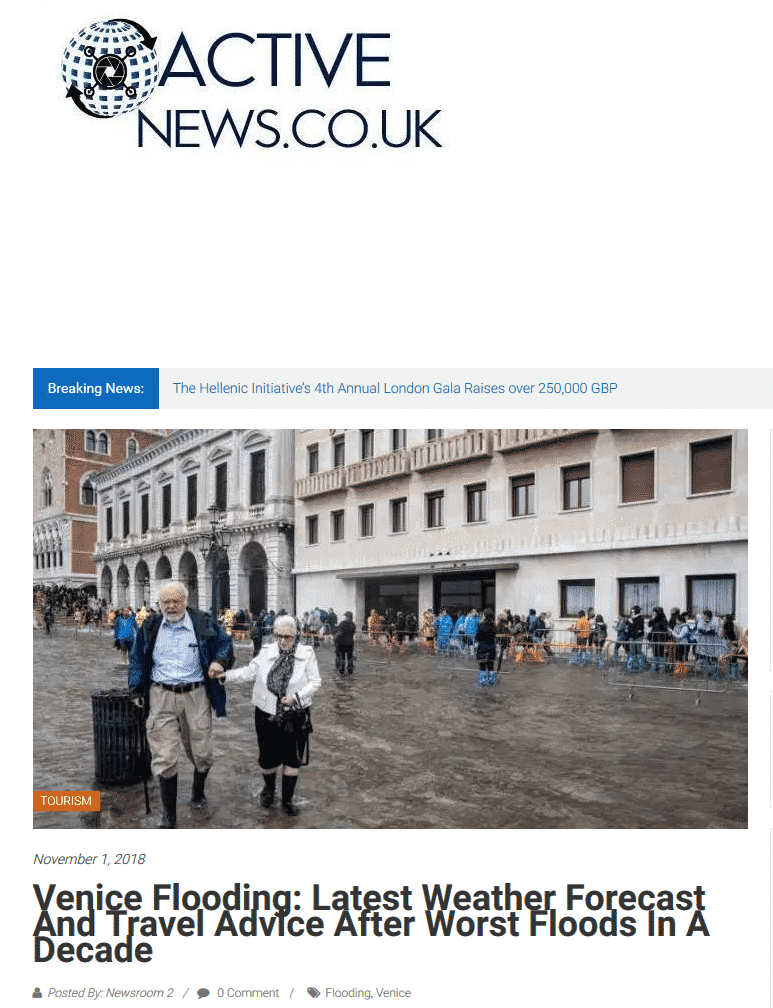 Active News Quotes Venezia Autentica During Flooding - Venezia Autentica | Discover and Support the Authentic Venice - Venezia Autentica provides local expertise about the high flooding in VeniceIn November 2018, Active News, a popular British-Greek news site, published an
