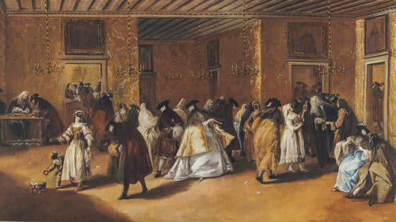 Painting of a party with traidition carnival masks in Venice